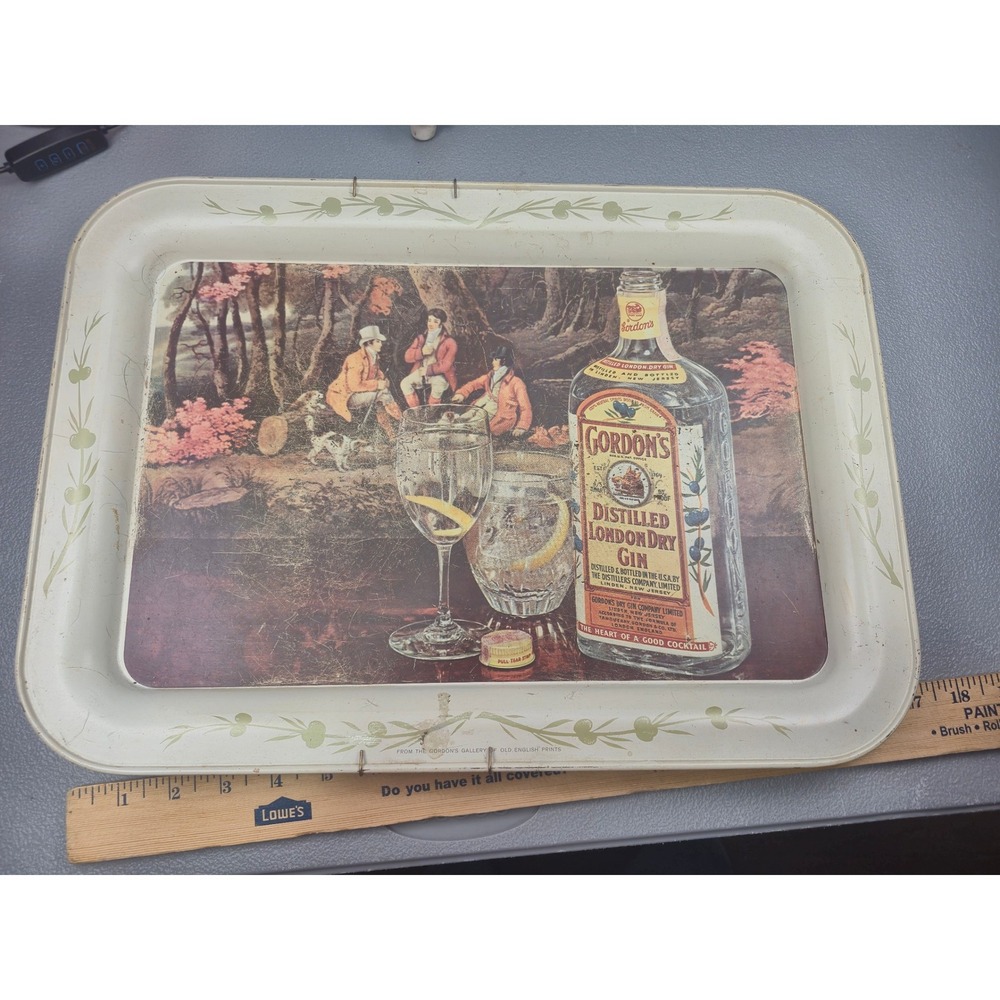 Vintage Gordons Distilled London Dry Gin Metal Serving Tray Old English Prints